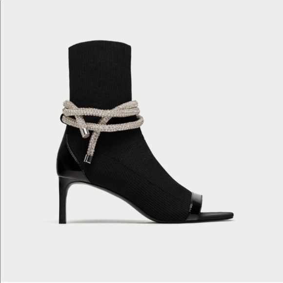 SOLD! Zara Black Open Toe Ankle Boots Jewel Cord - Picture 6 of 8
